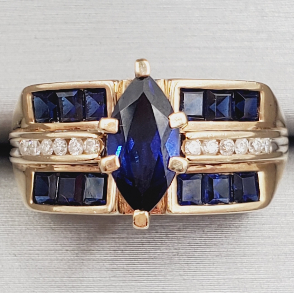 10k Solid Yellow Gold Genuine Marquise Blue Sapphire & Diamond Statement Ring